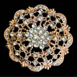 Vintage Rose Gold Tone Rhinestone Round Brooch